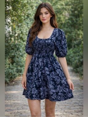 Free People Dear Delilah Floral Smocked A-Line Navy Mini Dress